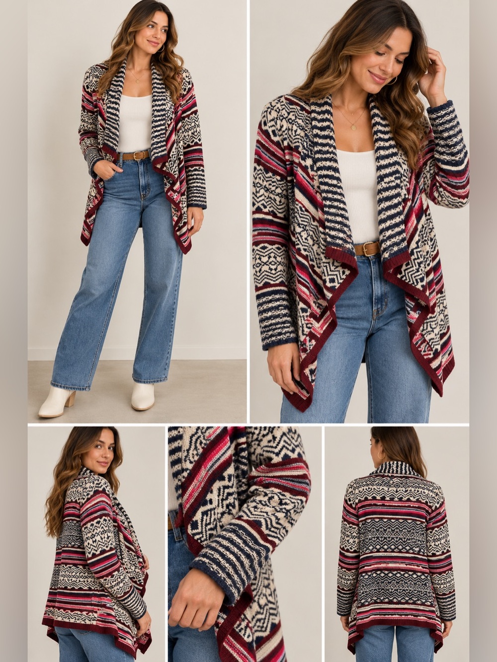 Belle Du Jour Boho Aztec Cardigan Sweater NWT Navy Burgundy Cream